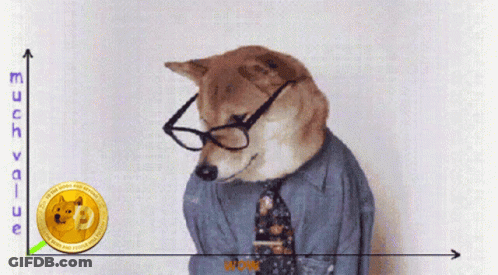 A Dog Wearing Glasses And A Tie With A Doge Coin In Front Of It GIF