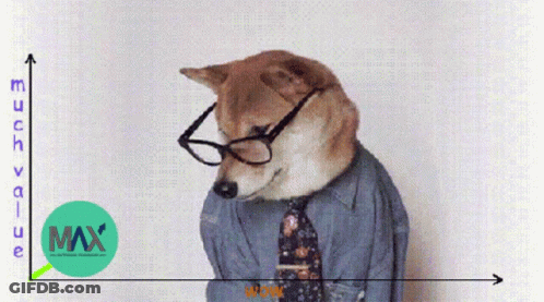 A Dog Wearing Glasses And A Tie With A Max Logo On The Bottom GIF