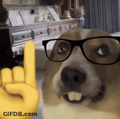 A Dog Wearing Glasses Is Making A Horns Up Sign GIF