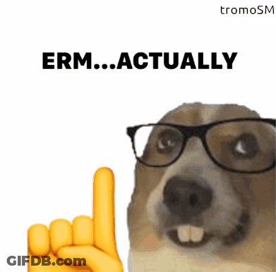 A Dog Wearing Glasses Is Pointing Up With The Words " Erm Actually " Above It GIF