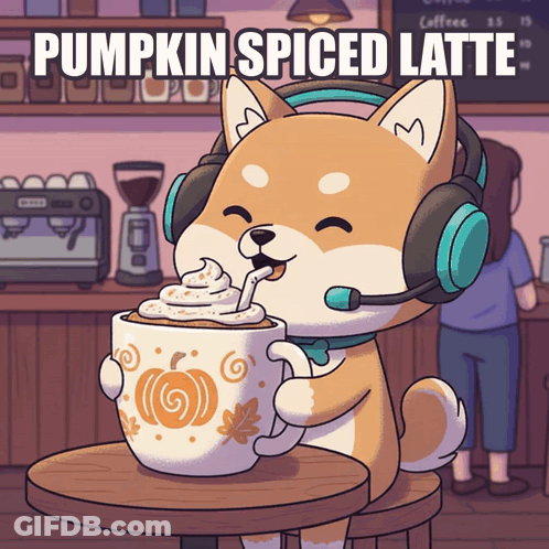 A Dog Wearing Headphones Drinking A Pumpkin Spiced Latte GIF