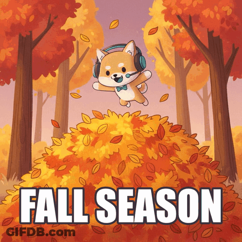 A Dog Wearing Headphones Is Jumping Over A Pile Of Leaves With The Words Fall Season Written Below It GIF
