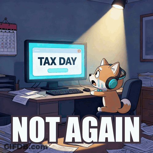 A Dog Wearing Headphones Is Looking At A Computer Screen That Says Tax Day On It GIF