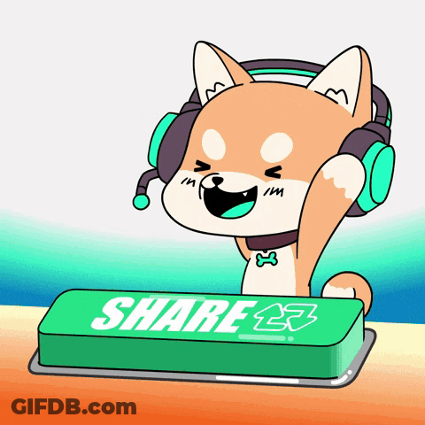 A Dog Wearing Headphones Is Pressing A Green Share Button GIF