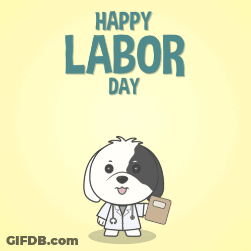 A Dog Wearing Overalls And A Hat Is Holding A Rake In Front Of A Happy Labor Day Sign GIF