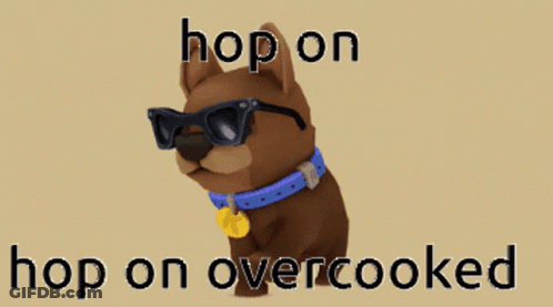 A Dog Wearing Sunglasses And A Collar With The Words Hop On Over Cooked Below It GIF