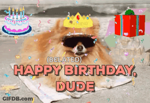 A Dog Wearing Sunglasses And A Crown Says Happy Birthday Dude On The Bottom GIF