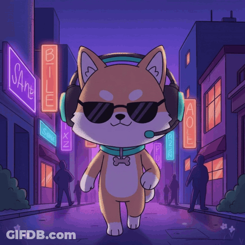 A Dog Wearing Sunglasses And Headphones Is Walking Down A Street With A Sign That Says Aoe On It GIF