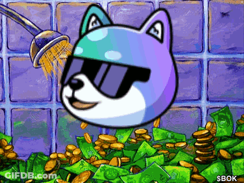 A Dog Wearing Sunglasses Is Being Showered With Money And Gold Coins GIF