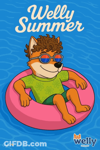 A Dog Wearing Sunglasses Is Floating On A Pink Float With The Words Welly Summer Written On The Bottom GIF