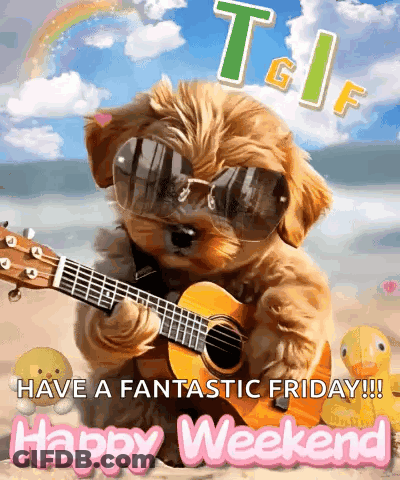 A Dog Wearing Sunglasses Is Playing A Guitar On A Beach . GIF