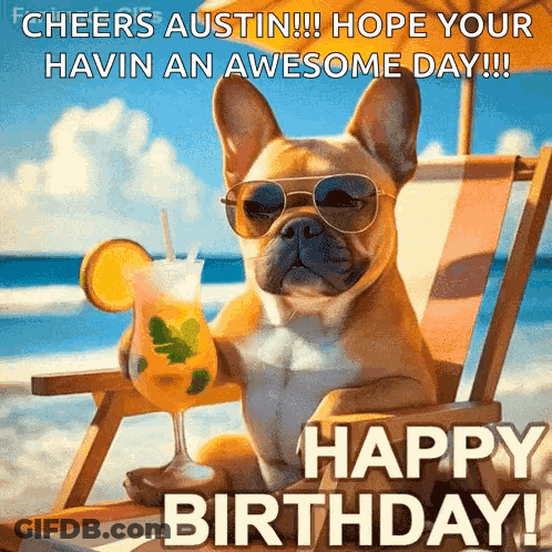 A Dog Wearing Sunglasses Is Sitting In A Beach Chair Holding A Drink . GIF