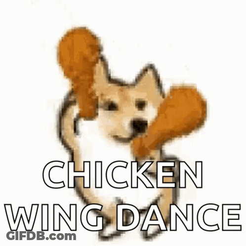 A Dog With A Chicken Wing In Its Mouth And The Words Chicken Wing Dance Above It GIF