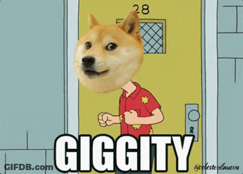 A Dog With A Man 'S Head Is Standing In Front Of A Door That Says Gigcity GIF