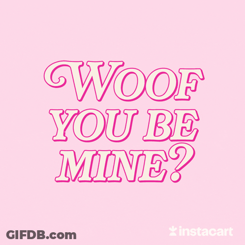 A Dog With A Red Rose In Its Mouth And The Word Woof On The Background GIF