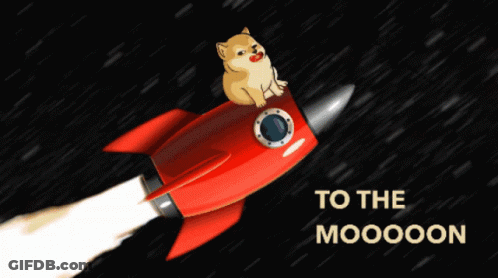 A Doge Is Sitting On Top Of A Red Rocket With The Words To The Moooon Below It GIF