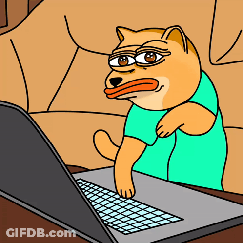A Doge Wearing A Blue Shirt Is Using A Laptop GIF