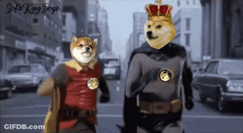 A Doge Wearing A Crown And A Cape Is Walking Next To Another Doge Wearing A Cape GIF
