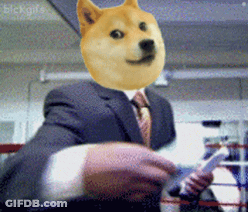 A Doge Wearing A Suit And Tie Is Holding A Cellphone GIF