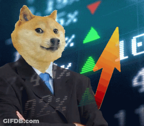 A Doge Wearing A Suit And Tie Is Holding An Arrow GIF