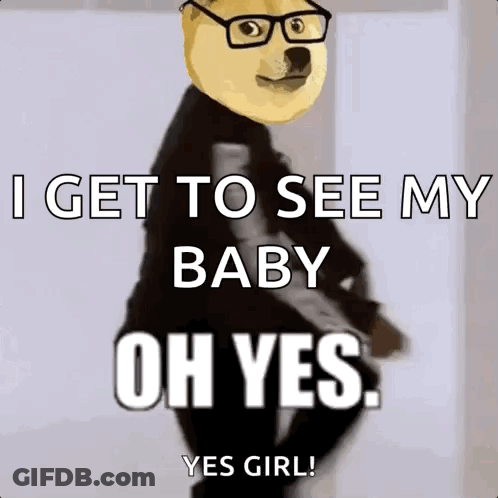 A Doge Wearing Glasses Is Standing Next To A Sign That Says `` I Get To See My Baby Oh Yes . '' GIF