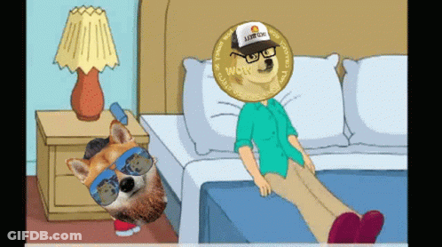 A Doge Wearing Sunglasses And A Hat That Says I Love Doge Is Laying On A Bed GIF