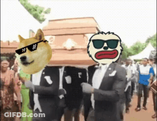 A Doge Wearing Sunglasses Is Carrying A Coffin With A Man Wearing Sunglasses On It . GIF