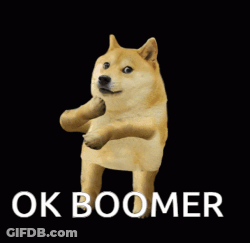 A Doge With The Words Ok Boomer Written On It GIF