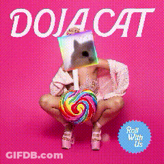A Doja Cat Album Cover With A Woman Holding A Rainbow Lollipop GIF