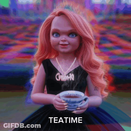 A Doll In A Black Dress Is Holding A Cup Of Tea With The Word Teatime Below Her GIF