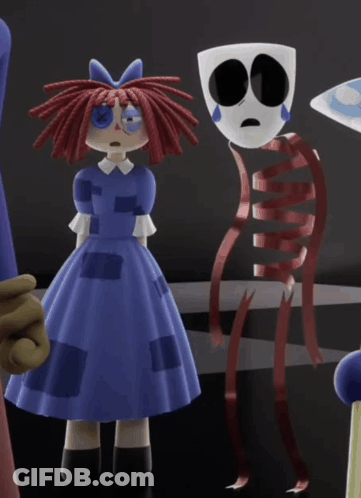 A Doll In A Blue Dress Stands Next To A Skeleton With A Sad Mask GIF