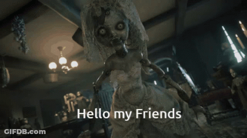 A Doll In A Wedding Dress Says Hello My Friends In A Dark Room GIF