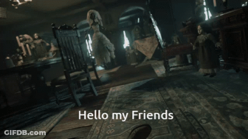 A Doll In A White Dress Says Hello My Friends In A Dark Room GIF