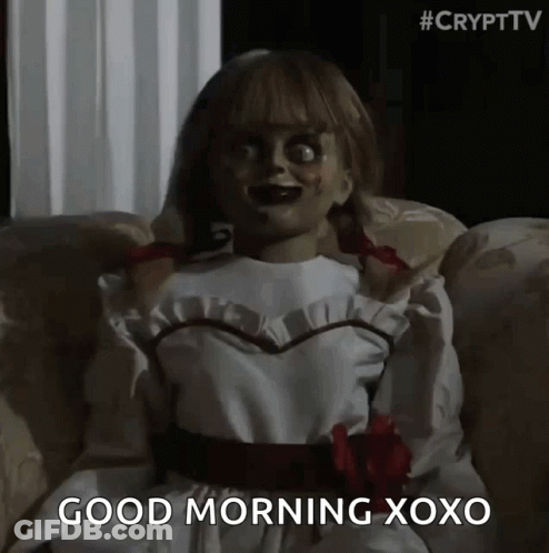 A Doll Is Sitting On A Couch And Says Good Morning Xoxo GIF