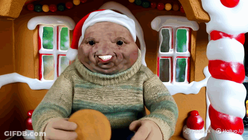 A Doll Wearing A Santa Hat And A Sweater Is Sitting In Front Of A Gingerbread House GIF