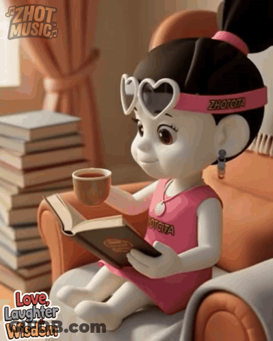A Doll Wearing Heart Shaped Sunglasses Is Reading A Book And Holding A Cup Of Tea GIF