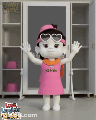 A Doll Wearing Sunglasses And A Pink Dress With The Words Love Laughter Wisdom Written On The Bottom GIF