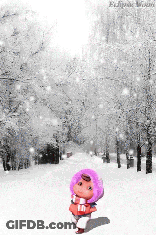 A Doll With A Purple Hat And Scarf Is Standing In The Snow GIF