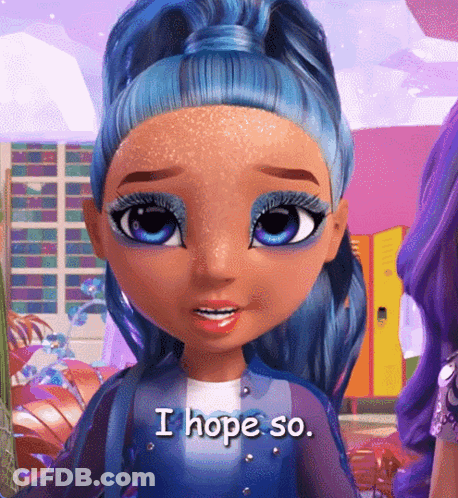 A Doll With Blue Hair And Blue Eyes Is Saying I Hope So GIF