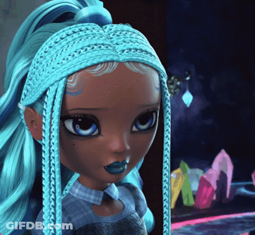 A Doll With Blue Hair And Blue Lipstick Looks At The Camera GIF