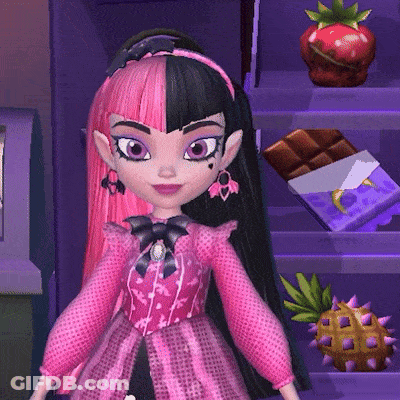 A Doll With Pink And Black Hair Is Standing In Front Of A Shelf With Chocolate Bars And Strawberries GIF