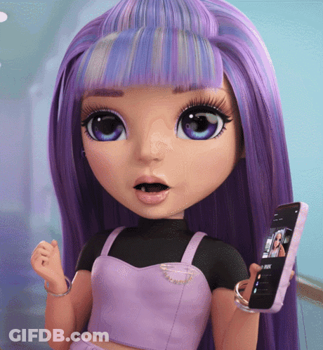 A Doll With Purple Hair Holds A Cell Phone GIF