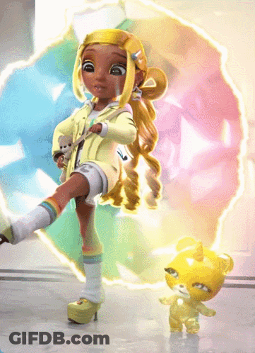 A Doll With Yellow Hair Is Holding A Teddy Bear And A Rainbow Umbrella GIF