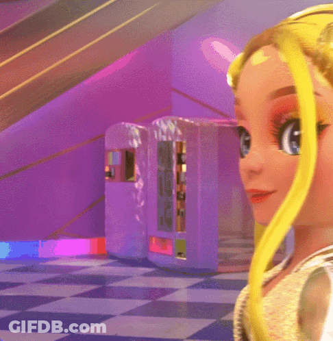 A Doll With Yellow Hair Is Standing In Front Of A Purple Wall GIF
