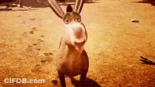 A Donkey From Shrek Is Standing In A Field Looking At The Camera . GIF
