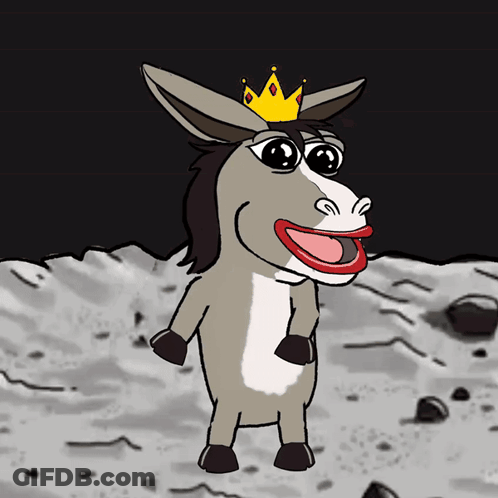 A Donkey With A Crown On Its Head Is Standing In The Dirt GIF