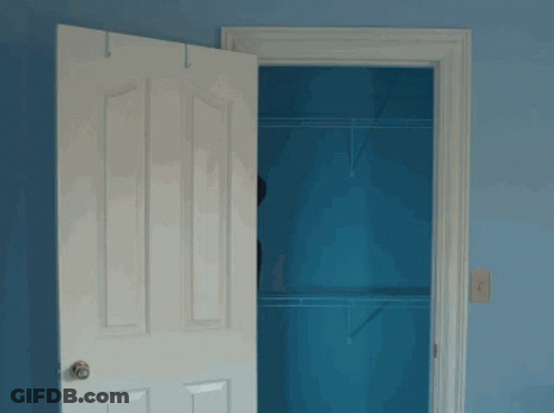 A Door Is Open To A Blue Closet With Shelves GIF