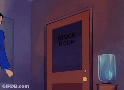 A Door With A Shadow On It That Says " Stock Room " GIF