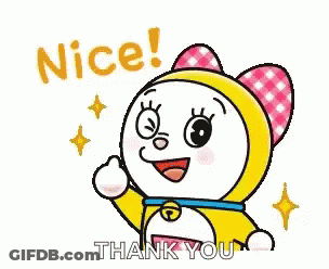 A Doraemon Cartoon Character Is Waving Her Hand And Saying `` Nice ! Thank You '' . GIF