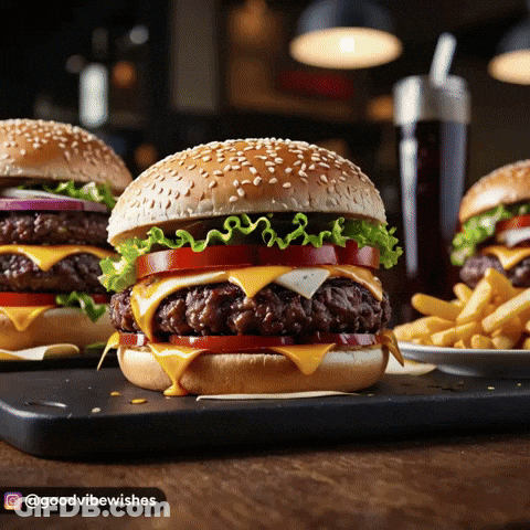 A Double Cheeseburger With Lettuce And Tomato On A Sesame Seed Bun GIF